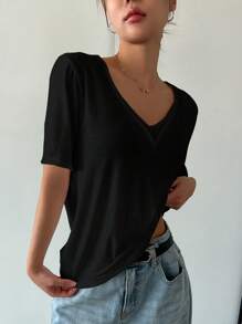 DAZY 宽松短袖V领女士T恤夏季 - 黑色 - 查看 4