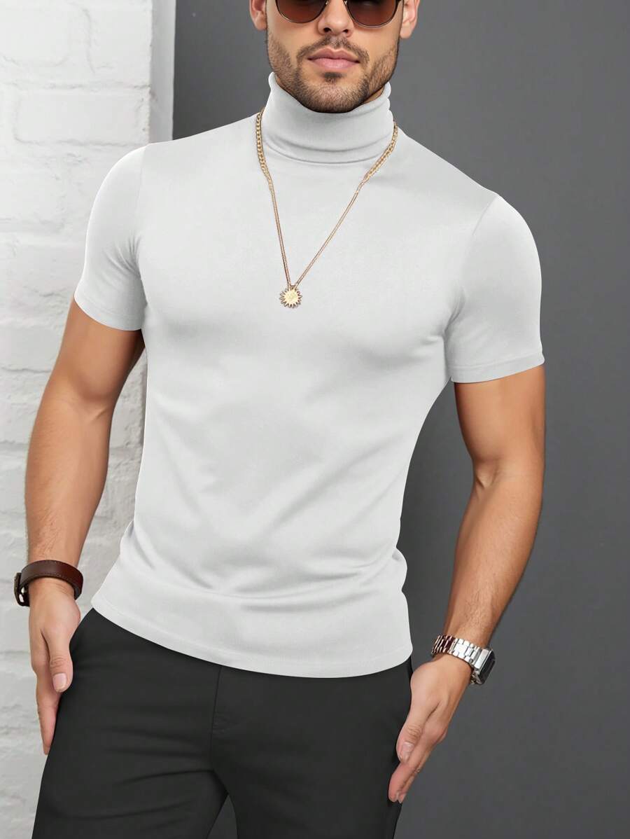 Manfinity Dauomo Camiseta de cuello alto de unicolor para hombres, para el otoño - Blanco - Ver 1