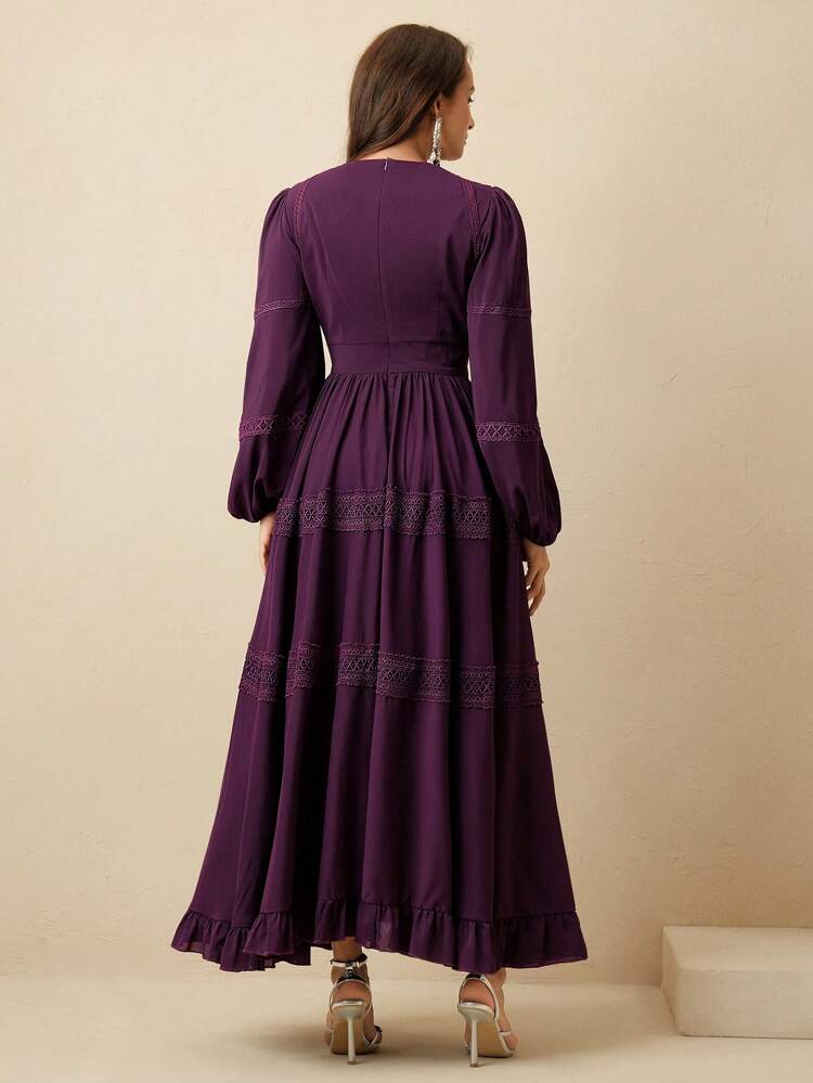 Women's Vintage High-End Grape Purple V-Neck Waist Cinched Dress With Flowy Skirt, Resort Style, Summer