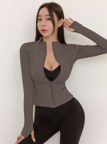 DAZY 女士纯色弹力立领修身长袖夹克，运动休闲，春秋季 - 摩卡棕 - 查看 3