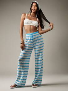 MISSGUIDED Quần đi biển ống rộng đan móc cạp cao thường ngày mùa hè quần đi biển có dây rút quần dài khu nghỉ dưỡng đồ bơi che phủ - Màu xanh lam - Xem 1