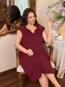 Côtesoire Romantic V-Neck Lace Patchwork Women's Casual Nightgown - Burgundy - View 3