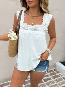 SHEIN Clasi Blusa de verano casual para mujer talla grande con cuello cuadrado, tirantes anchos, bordados y cortes láser - Blanco - Ver 4