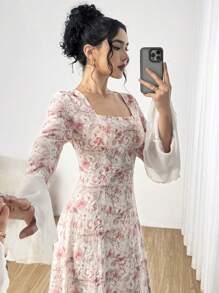 Modelyn Fashionable Colorblock Romantic Vacation Long Dress For Women, Pink Fall Cloth For Women - Pink - View 8