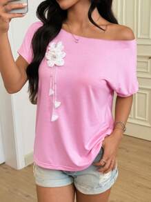 INAWLY Women's Minimalist Convertible Shoulder Crew Neck Short Sleeve T-Shirt With Hand-Made 3D Pearl Flower Tassel Pendant - Multicolor - View 5
