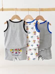 3pcs/Set Young Boy Superhero Spaceship Printed Sleeveless Cotton Vest And Briefs Underwear Set,Striped Cartoon Character Contrasting Colors, Summer Suit,Back To School Fall Winter