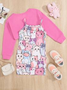 SHEIN 女小童卡通圖案吊帶連衣裙和前短後長T恤