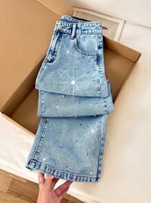 Comfortcana 女式水钻装饰口袋宽腿宽松休闲牛仔裤，闪亮水钻宽松宽腿牛仔裤，夏季，度假，俱乐部性感，乡村音乐会，外出牛仔裤，女士休闲牛仔裤，度假牛仔裤，女士休闲牛仔裤，女士宽松牛仔裤，机场，阔腿裤，街头服饰，趣味牛仔裤，巡航，返校