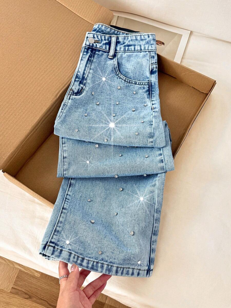 Comfortcana 女式水钻装饰口袋宽腿宽松休闲牛仔裤，闪亮水钻宽松宽腿牛仔裤，夏季，度假，俱乐部性感，乡村音乐会，外出牛仔裤，女士休闲牛仔裤，度假牛仔裤，女士休闲牛仔裤，女士宽松牛仔裤，机场，阔腿裤，街头服饰，趣味牛仔裤，巡航，返校