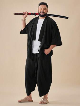 EASEVO Plus Size Men's Black Woven Short Sleeve Shirt & Pants Set