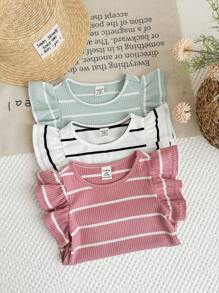 LMoss Kids Baby Girl 3pcs/Set Knit Striped Round Neck Fitted Top Set - Multicolor - View 1