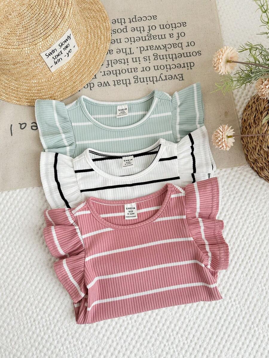 LMoss Kids Baby Girl 3pcs/Set Knit Striped Round Neck Fitted Top Set - Multicolor - View 1