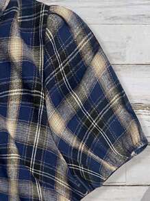 SHEIN LUNE CURVE 大码女式夏季乡村音乐节休闲复古泡泡袖格子衬衫 - 藏蓝色 - 查看 3