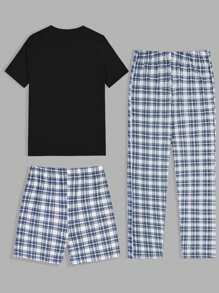RueChic Set de ropa de estar en casa de 3 piezas para hombres con camiseta, pantalón corto y pantalones regulares impresos con cuadros de algodón
