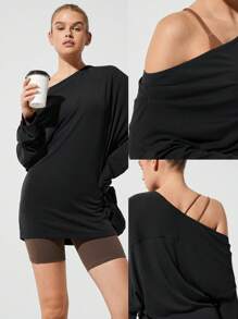 GLOWMODE Modal Ribbed Switch It Up Stretchy Breathable Pleated Cuffs Off-Shoulder Long Sleeve Active Tee Daily Casual Wear - Black - View 7