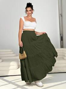 SHEIN EZwear Plus Size Women High Waist A-Line Skirt - Army Green - View 3