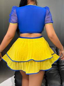 SHEIN 大码圆领泡泡袖撞色饰边蝴蝶结上衣和迷你裙三件套内衣套装 - 彩色 - 查看 2