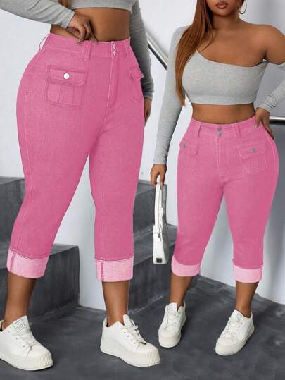 SHEIN CURVE+ Bohemian Style Plus Size Women Elastic Tight Folding Hem 3/4 Jeans, Autumn