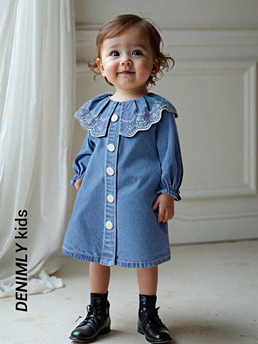 Baby Girl Openwork Embroidered Collared Denim Dress, Medium Blue Wash - Medium Wash - View 1