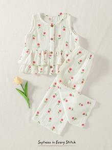 Cozy Pixies 女宝宝夏季休闲碎花无袖荷叶边下摆衬衫和宽松阔腿裤套装 - 白色 - 查看 1