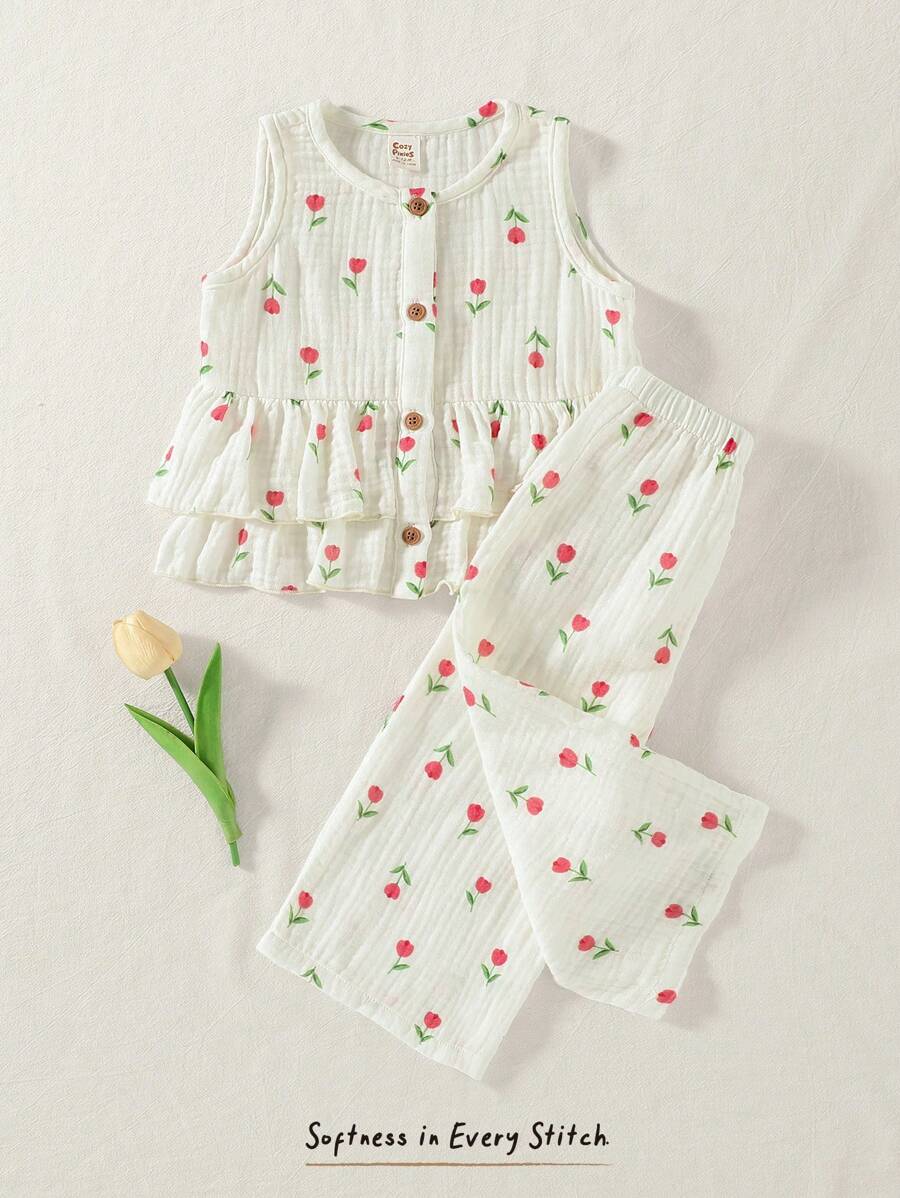 Cozy Pixies 女宝宝夏季休闲碎花无袖荷叶边下摆衬衫和宽松阔腿裤套装 - 白色 - 查看 1