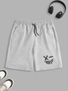RueChic Pantalones cortos de hombre con cintura elástica con cordón y estampado de sonrisa
