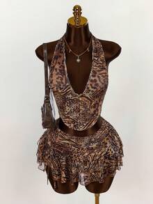 Amplova Women's Halter Backless Leopard Print Tank Top And Fashionable Low Waist Skirt Set - Multicolor - View 2