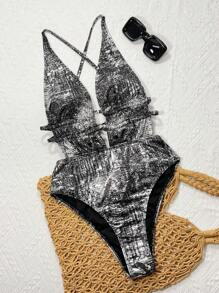 Swim SXY 金箔深 V 抽绳休闲沙滩泳衣女式连体泳衣 - 黑色 - 查看 3