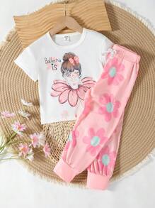 2 件套女童休闲可爱卡通英文图案上衣搭配花卉束腰罗纹下摆裤，适合外出、野餐、拍照 - 粉色 - 查看 1