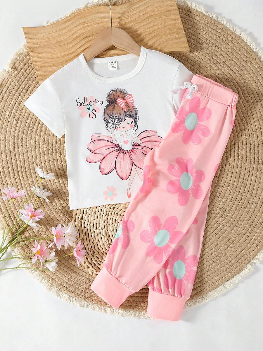 2 件套女童休闲可爱卡通英文图案上衣搭配花卉束腰罗纹下摆裤，适合外出、野餐、拍照 - 粉色 - 查看 1