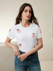 Anewsta 女士斜肩短袖T恤，3D草莓印花修身款，夏季 - 白色 - 查看 6