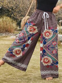 SHEIN LUNE Plus Size Floral Printed Wide Leg Pants Country Concert Graduation Summer Brunch Mother's Day Church - Brown - View 4