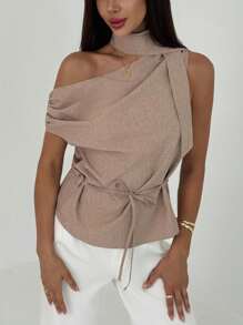 Aloruh 1 pieza Blusa de gasa asimétrica de unicolor elegante para mujer, verano