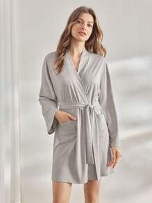 Ocili Leisure Women Solid Color Long Sleeve Double Pocket Robe - Grey - View 4