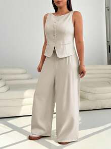 Solflare 2pcs Apricot Colored Plus Size Vest Top And Pants Suit,Summer Clothes,Mother Day Outfit,Old Money,Office Outfits For Women - Khaki - View 3
