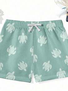 Tween Boys' Casual Fashionable Cute Cartoon Turtle Print Loose Beach Shorts, Suitable For Summer, Beach, Outdoors, Swimming