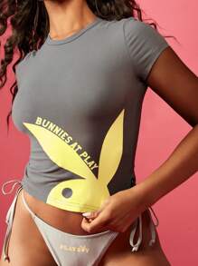 Missguided x Playboy Áo thun crop top in họa tiết thỏ con mùa hè Biểu tượng thời trang ôm vừa vặn, mặc ở nhà, tay ngắn, giản dị, thiết yếu, cơ bản, hai tông màu - màu đen - Xem 3