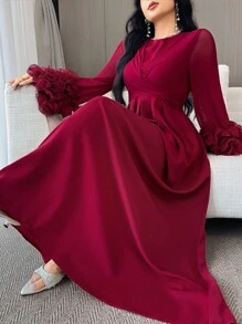 Feyla Damen bescheidenes Kleid mit festgeschnürter Taille, langärmelig, einfarbig im arabischen Stil