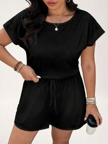 SHEIN LUNE 大码女式夏季黑色纯色腰带圆领休闲连体衣女式夏装 - 彩色 - 查看 6