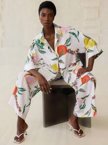 Aveloria Modichic [Phong cách Châu Âu và Mỹ] Áo sơ mi sợi tre in hình trái cây rộng rãi + Quần ống rộng in hình trái cây giản dị chất lượng cao, Bộ 2 món sảng khoái cho nữ - Nhiều màu - Xem 6