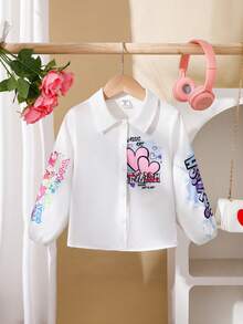 年轻女孩休闲涂鸦印花长袖翻领衬衫，适合春夏休闲时尚 - 彩色 - 查看 3