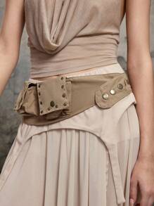 ROMWE Hippie 1pc Vintage Hippie Style Multi-Pocket Waist Bag With Rivet Decor Wide Waistband Belt For Women