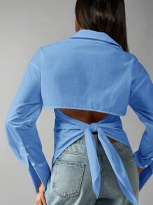 MISSGUIDED Kemeja Dress Berkancing Depan dengan Manset Lebar Klasik Bisnis Profesional Lengan Panjang Berkerah Kerja Kantor Formal Minimalis Wajib Dimiliki - Biru - View 6