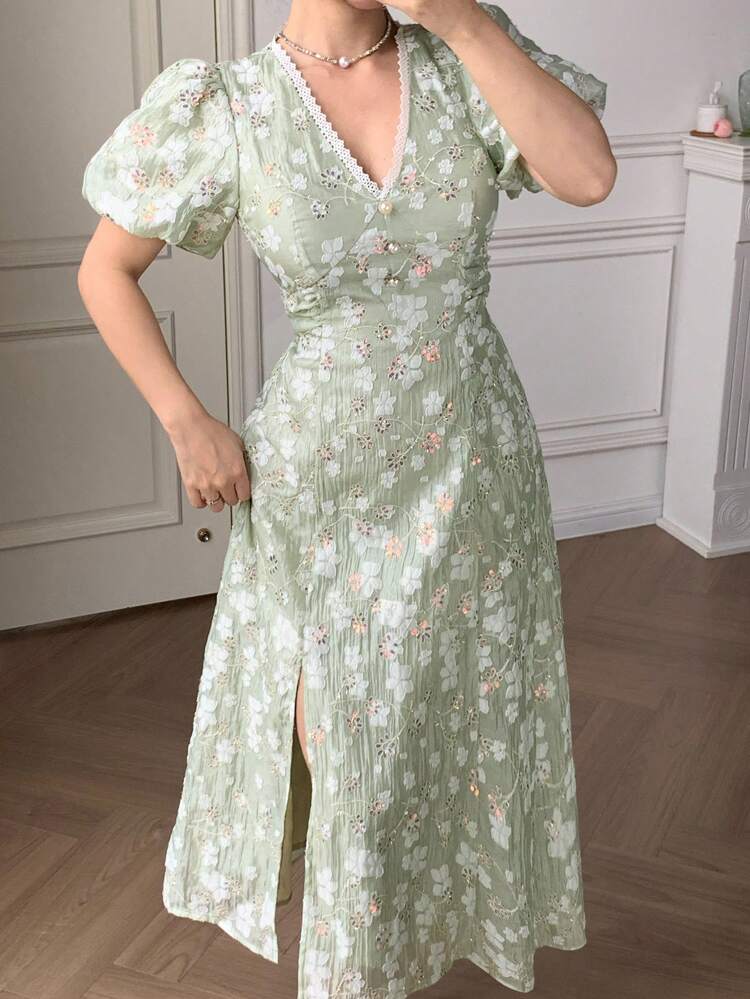 Women's Floral Print V-Neck Short Puff Sleeve Pearl Button Textured Midi Vacation Dress Boho