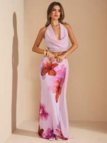SHEIN BAE Bộ váy maxi 2 mảnh phong cách Boho dành cho nữ, áo cổ lọ buộc dây sau lưng họa tiết hoa màu hồng và chân váy dệt dài - Hồng - Xem 4