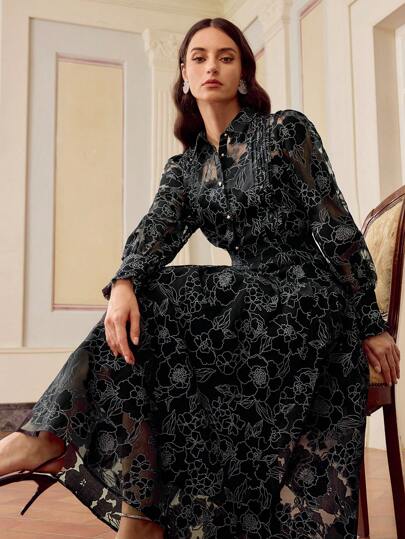 ZEYLAH Elegant Floral Print Puff Sleeve Sheer Blouse