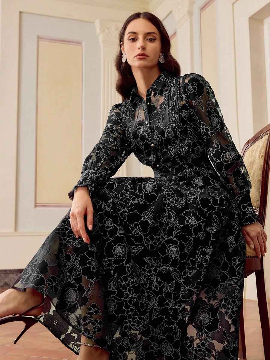 ZEYLAH Elegant Floral Print Puff Sleeve Sheer Blouse - Black - View 1