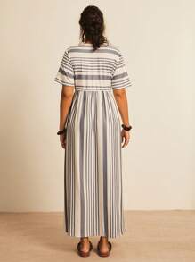 Freevana Plus Size Women Boho Striped & Printed Round Neck Short Sleeve Casual Dress With Side Slit Hem For Summer,Beach Dress Sundress,Holiday Outfits - Grey - View 2