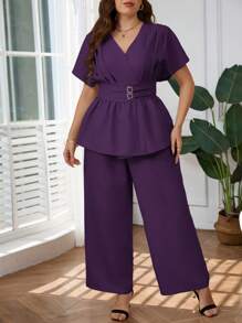 SHEIN Privé Bộ 2 món áo khoác cardigan cổ chữ V bằng sợi tre thanh lịch cỡ lớn và quần ống rộng ống đứng, phù hợp mặc hàng ngày, đi làm, đi làm, đi chơi, xuân hè - Màu tím - Xem 5