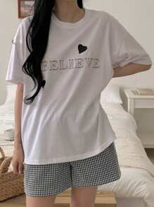 DAZY 2pcs/Set Women Casual Heart & English Print Short Sleeve Plaid Shorts Suit Pajama - White - View 3